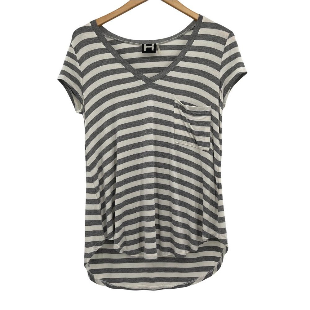 H By Bordeaux Grey Striped Lightweight Jersey Knit HI/LO V-Neck Small Tunic Top